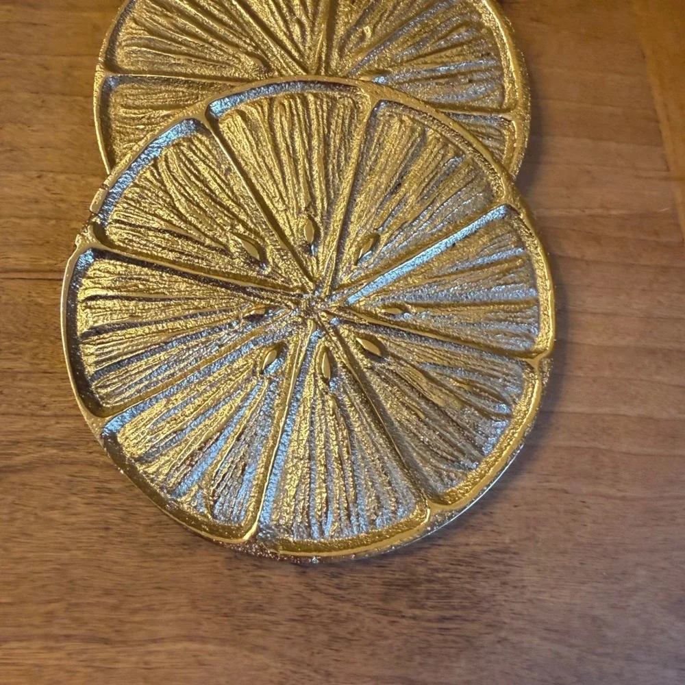 Set of 4 Gold Tone Orange Slice Metal Coasters Citrus Fruit Drink Coaster Set